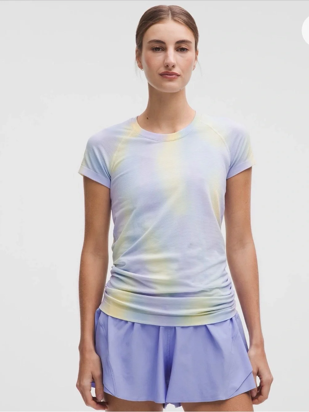 lululemon athletica Swiftly Tech Tee in Lavender and Pale Yellow om
